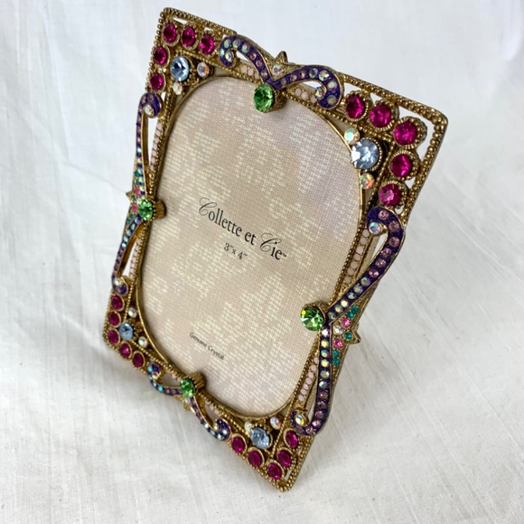 New Collette et Cie Crystal Jeweled Frame for 3X4 Photo Ornate Gold Back - Picture 10 of 13